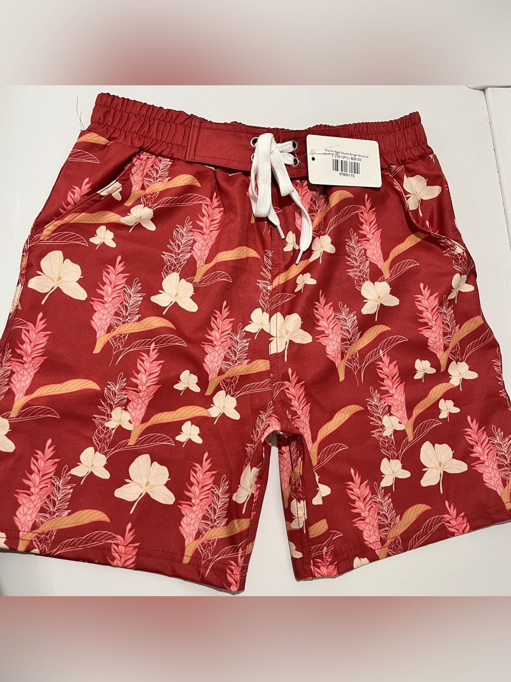 Marnzaza Kids Floral Swim Trunks in Burgundy - Lightweight Drawstring Shorts